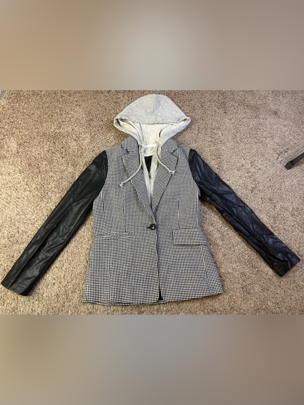 SIX/FIFTY Drew Mixed Media Houndstooth Hooded Blazer Faux Leather Sleeves XS